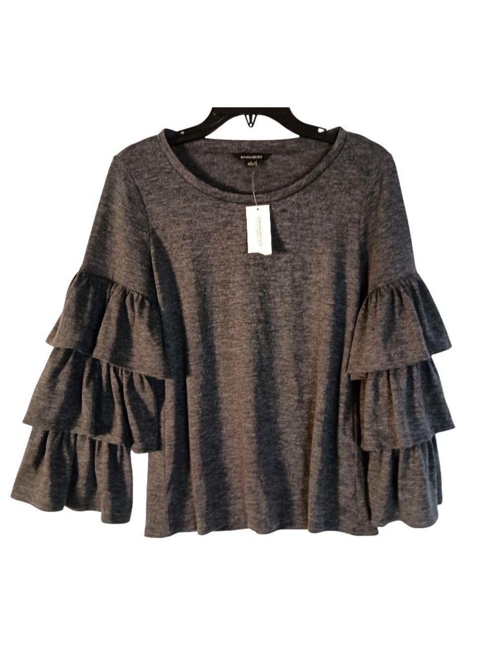 Banana Republic Women's S Gray Tiered Ruffle Bell Sleeve Stretch Knit Blouse NWT